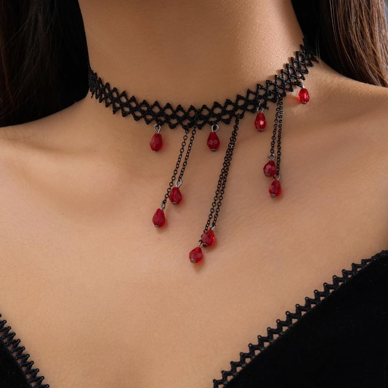 MIFYNN Vintage Gothic Blood Drop Tassel Pendant Necklace Red Water Drop Choker Necklace Punk Style Necklace Dark Tear Drop Y Necklace Halloween Necklace Jewelry for Women - Image 3